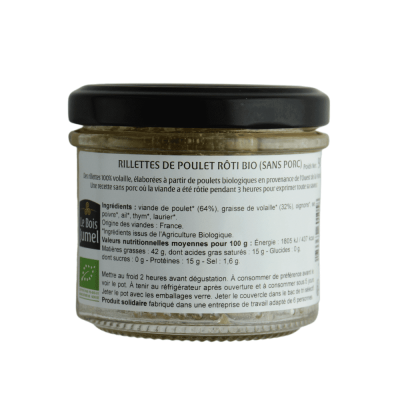 Etiquette descriptive des ingrédients du bocal de rillettes au poulet rôti